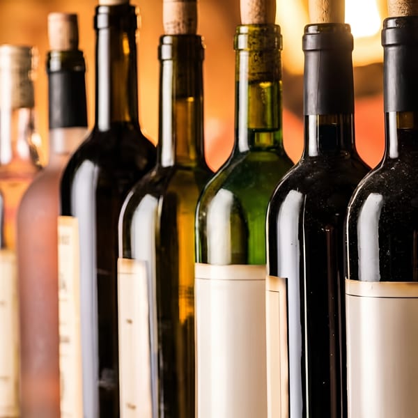A close-up of a row of assorted wine bottles with corks, some with blank labels.