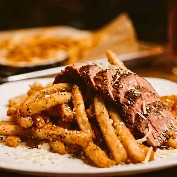Close-up of sliced steak and seasoned french fries on a white plate.
