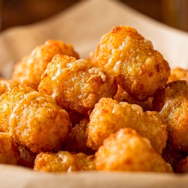 Close-up of golden-brown tater tots, some topped with melted cheese, in a paper-lined basket.