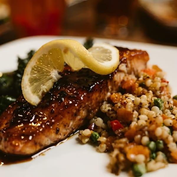 Glazed salmon with lemon slices, a side of couscous, and green vegetables on a white plate.