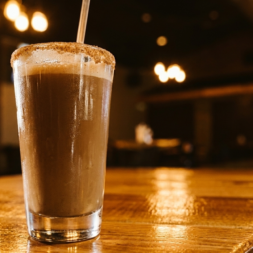A tall glass of chocolate milkshake with a sugared rim and straw sits on a wooden bar.