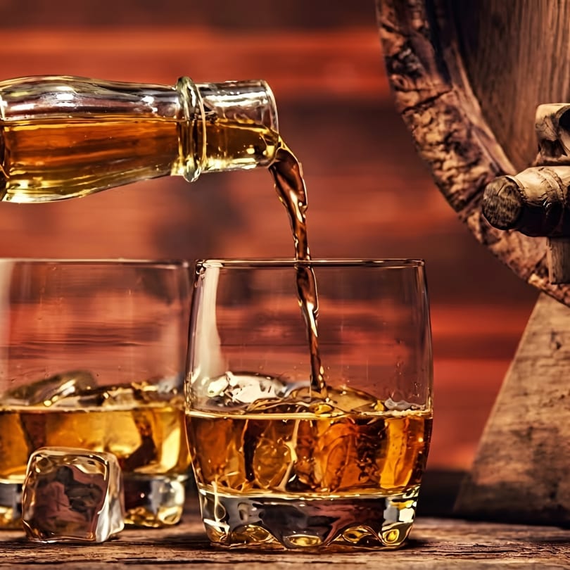 Whiskey pouring from a bottle into a glass with ice, next to another glass and a barrel.