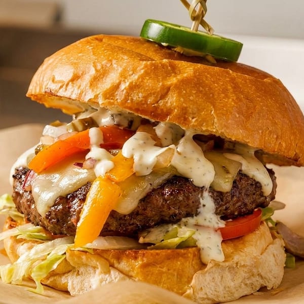 A juicy burger with melted cheese, colorful peppers, and creamy sauce, topped with a jalapeño slice.