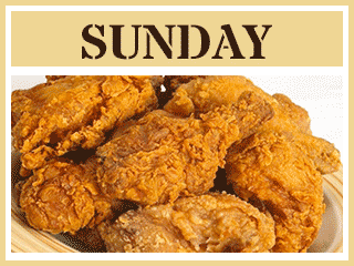 Plate of crispy fried chicken pieces below a bold SUNDAY sign, featured on the Plank Road Pub & Grill menu.