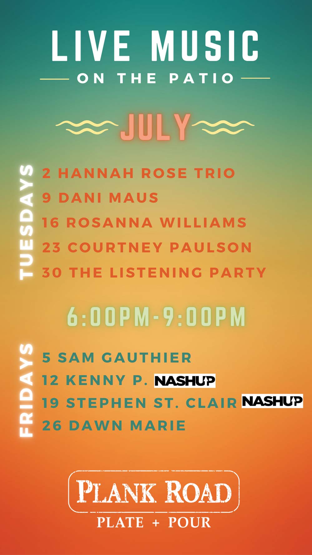 Live music schedule at Plank Road for July 2024